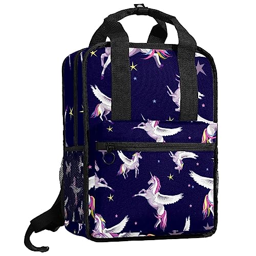 Sac à dos garçon féerique bleu marine avec dessins d'ange et de licorne