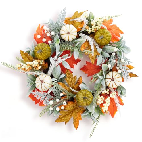 GarveeHome Fall Wreath, 20 in Autumn Wreaths for Front Door Fall Decorations Pumpkin Wreath with Maple Leaves Lamb Ear Leaves for Wall Window Outdoor