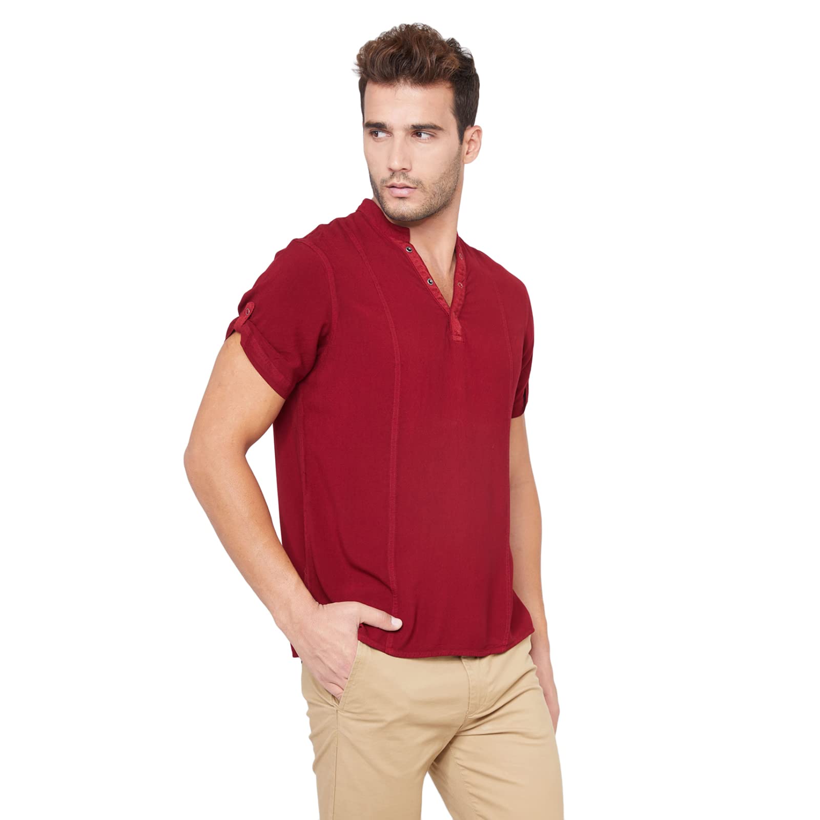 identiti Maroon Short Sleeves Solid Slim Fit Pureviscose Casual Shirt Kurta for Men-picture-24