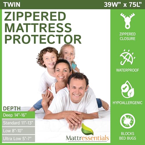 Zippered Twin Mattress Protector (14"-16" Depth) - Bed Bug Waterproof Mattress Cover, Premium Quality Hypoallergenic Encasement White