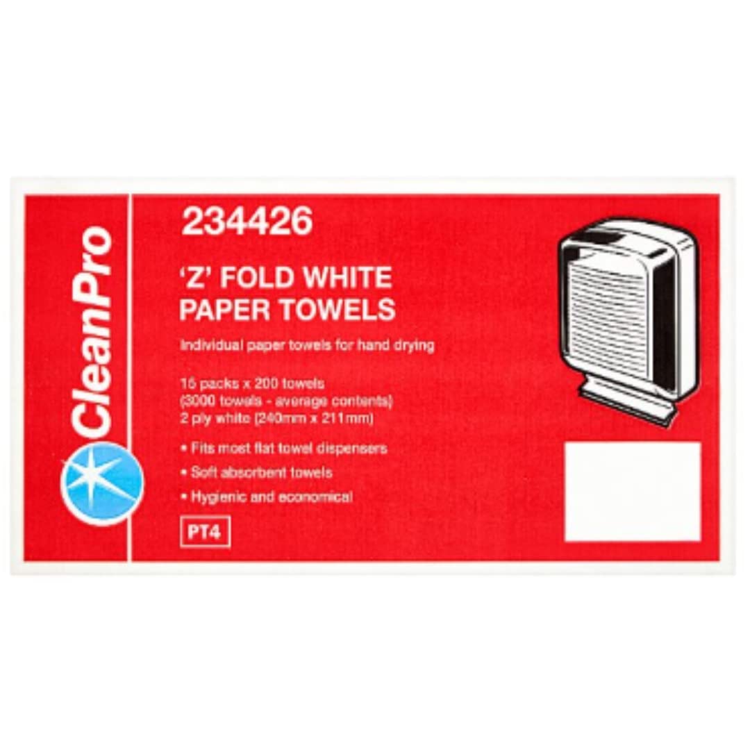 CleanPro 'Z' - Toallas de papel blanco plegable de 2 capas, 15 paquetes de 200 toallas x caja de 1