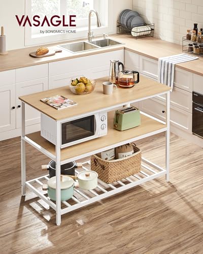 Image of VASAGLE Kitchen Island with 3 Shelves, 47.2 Inches Width Kitchen Shelf with Large Worktop, Stable Steel Structure, Industrial, Easy to Assemble, Oak Color and White UKKI001W09