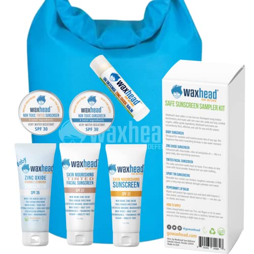 Waxhead Sunscreen Travel Size Set (6 zinc oxide sunscreens) - Safe Sunscreen for Kids, Biodegradable Sunscreen, Tinted Facial Sunscreen, Plastic Free Sunscreen, Sunscreen Travel Size, Non-Toxic, Sunscreen Natural (with dry bag)