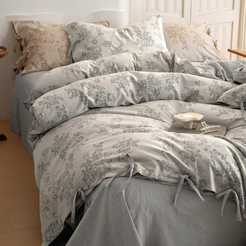VM VOUGEMARKET Jacquard Floral Duvet Cover Queen Gray Bedding Set, Linen Cotton Yarn-Dyed Comforter Cover 90"x90" with 2 Pillowcases,Soft Breathable,Gray