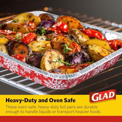 Image of Glad Disposable Aluminum All-Purpose Pans with Lids, Red and White Snowflake Holiday Print, Oven Safe Foil Steam Pans for Baking, Roasting, and Storage, 12.5 x 10.2 x 2.16 in, 2 Pans and 2 Clear Lids