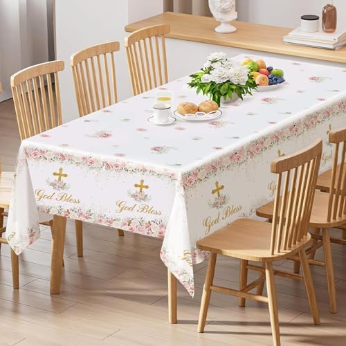 Image of MEHOFOND 3 Pack God Bless Tablecloths, 108 x 54 Inch Pink Flowers Baptism Disposable Table Cloths, Christening Plastic Table Cover, Bautizo Communion Holy Party Decorations for Girls Church