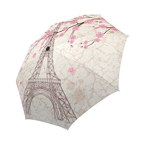 Interestprint Vintage Paris Eiffel Tower Windproof Compact One Hand Auto Open And Close Folding Umbrella, Antique Paris-City Pink Flowers Rain & Outdoor Unbreakable Travel Umbrella #TOP1
