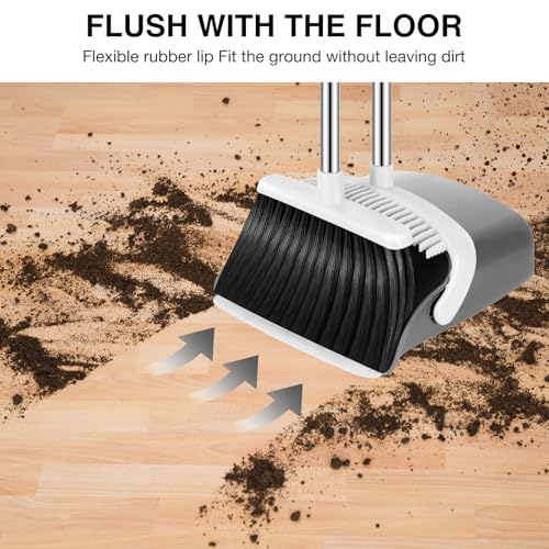 Image of NACENA Broom and Dustpan Set, 52-in Long Adjustable Handle Broom Dustpan Combo with Dustpan Teeth to Automatically Clean Hair Suitable for Home Kitchen Office Hall Floor(Grey&White)