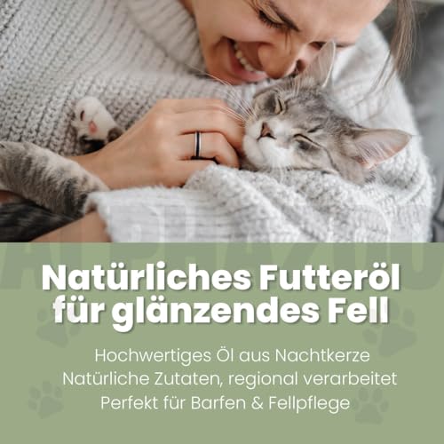 alphazoo Premium Nachtkerzenöl für Katzen 100 ml – Natürliches, kaltgepresstes Futteröl mit Omega‑6 & Omega‑9 – Unterstützt Haut & Fell – Deutsche Premium‑Qualität