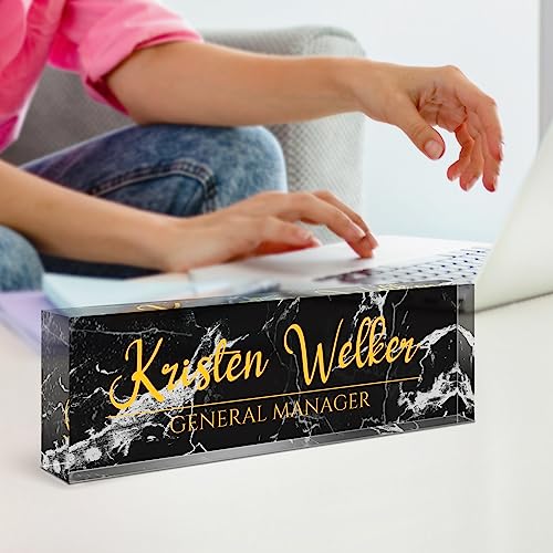 Image of Name Plate for Desk, Desk Name Plate Personalized, Office Decor for Women Men, Acrylic Desktop Accessories, Office Appreciation Gifts for Boss Social Workers Nurse Teacher Employee (Black Marble)