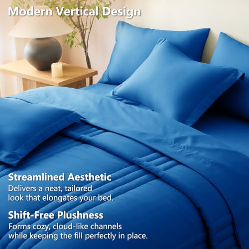Image of CozyLux Queen Comforter Set Classic Blue - 7 Pieces Bed in a Bag, Modern Vertical Quilted Room Decor, Soft All-Season Bedding Gift with Comforter, Sheets, Pillowcases & Shams