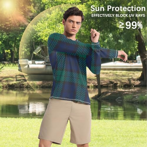 Navy Blue Green Plaid Men's Swim Shirts UPF 50+ Elastic Comfort Mens Sun Protection Long Sleeve Summer4