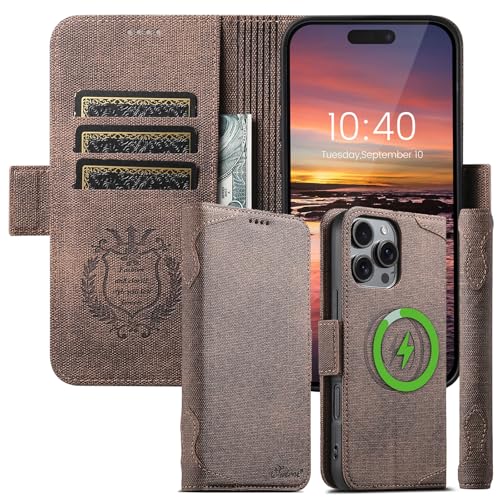 Étui compatible iPhone 14 Pro Max marron portefeuille en toile rabat magnétique 6,7"