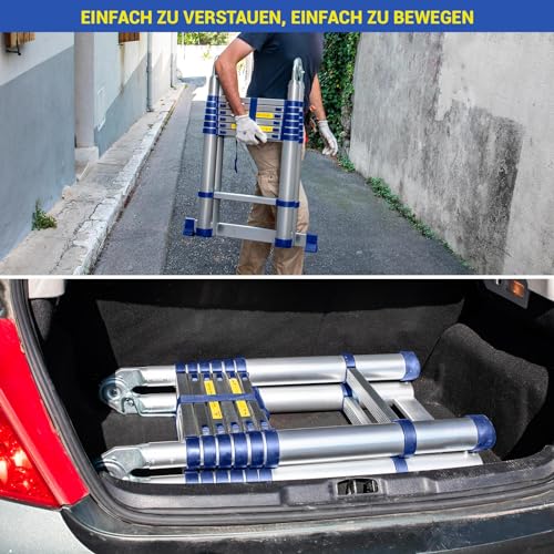 Aluminium Teleskopleiter 4,4 m (2,2 + 2,2), gelenkig und faltbar, Ultraleicht, kompakt, Max. Belastung 150kg, Arbeitshöhe bis 5,3m, 5 Jahre Garantie