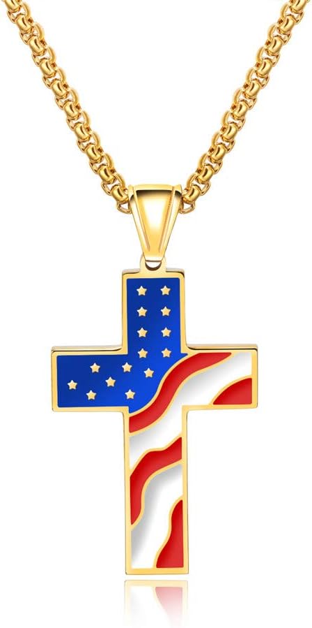 Jakob MillerMens Stainless Steel American USA Flag Day Gift Patriotic Star and Stripes Cross Religious Pendant Necklace for Men Women