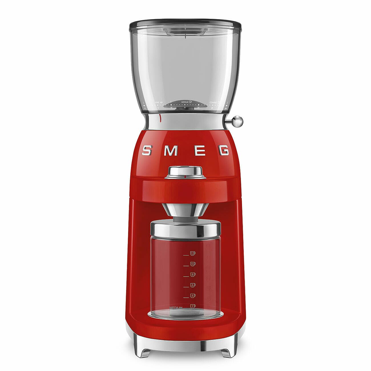 Smeg, Macinacaffè CGF11RDEU, Livello di Macinatura Regolabile, 30 Step di Macinatura, Contenitore Chicchi Caffè da 350g, Quantità di macinatura regolabile, con Sistema Antistatico, 150W, Rosso