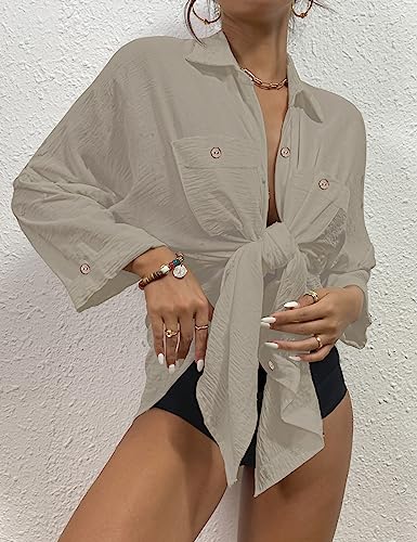 Image of Bsubsach Button Down Swimsuit for Women Sweatshirt Dress with Ruffled Sleeves Beach Shirt