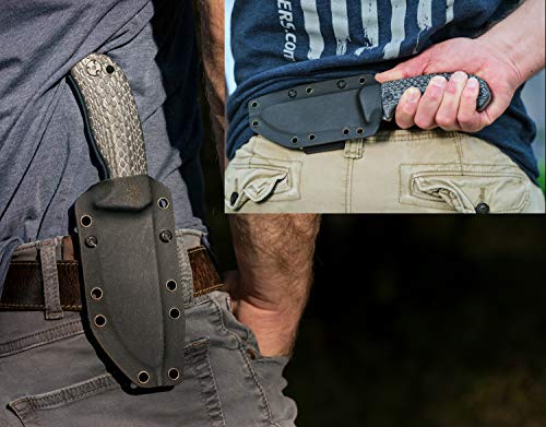 Off-Grid Knives - Tracker-X D2 Steel Fixed Blade Hard Use Knife, Full Tang with Micarta Scales, Kydex Sheath, Bushcraft, Hunting, Survival, Camping (Blackwash)
