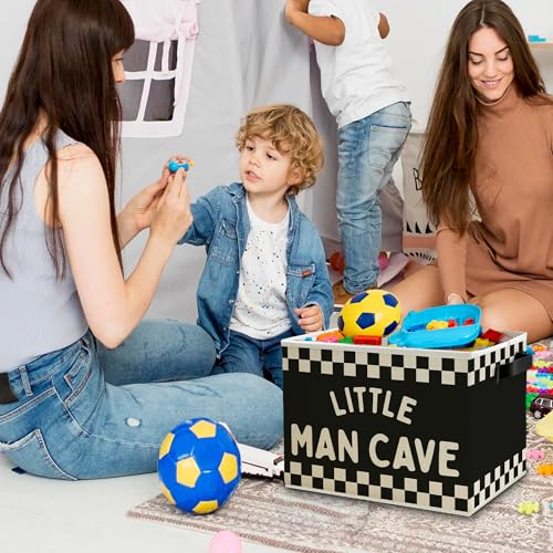 Image of Little Man Cave Boys Storage Bins Box with Handles, Black White Checkered Collapsible Basket Organizer for Kids Boys Playroom Nursery Room Bedroom Bathroom Books Clothes