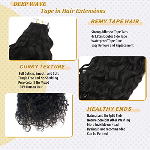 Tape In Water Wave Hair Extensions Human Hair #1B Natural Black Remy Hair Tape Ins Double Sided Skin Weft 20Inch Extensions Loose Curly Remy Human Hair Tape In Extensions For Black Women 20Pcs 50G #TOP2