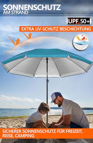 4smile Sonnenschirm Strand SunnyJoy, Türkis - UPF 50+ Strandschirm Ø 200 cm, sicherer Sonnenschutz Strand, Strandschirm windfest stabil - Sonnenschirm mit Schutzhülle 3