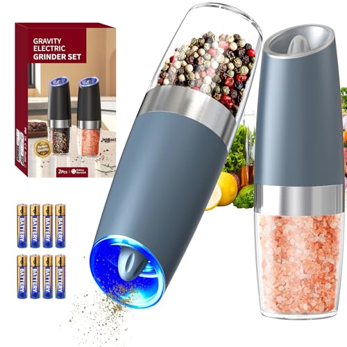 CIRCLE JOY Gravity Electric Salt and Pepper Grinder Set Automatic Salt and Pepper Grinder Set with LED Light, Battery Operated, Adjustable Coarseness, Large Capacity, for Home Kitchen BBQ, Blue