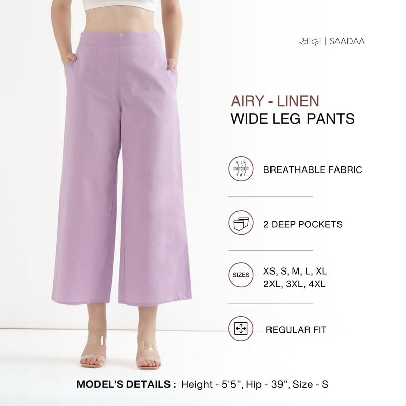 Image of SAADAA Women's Relaxed Fit Mid Rise Airy Linen Wide Leg Pants, High Waist Trousers for Formal, Casual & Office Wear