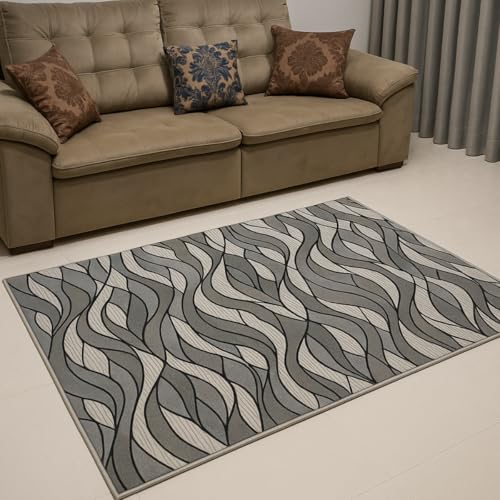Tapete Geométrico Moderno para Sala de Estar, Antiderrapante, Cinza com Padrões Contemporâneos, 100x150 cm, Polipropileno (ONDULADO)