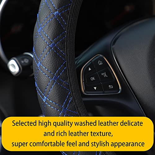 15Inch Embossed Leather Steering Wheel Cover With Diamond Stitch Aesthetic Car Decoration For Women/Men,Combines Comfort&Protection Steering Wheel Accessories (Black/Blue) #TOP3