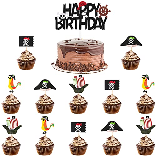 Kawailay 25 decoraciones para tartas con temática pirata con purpurina pirata decoración para tartas feliz cumpleaños naves náuticas loros magdalenas postre para niños decoración fiesta cumpleaños