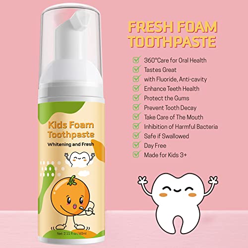 Kids Foam Toothpaste With U-Shape Toothbrush, Mousse Foam Whitening Toothpaste, Fluoride Free, Toddler's Oral Cleaning For Best Result (Orange Flavor With U-Shaped Toothbrush) #TOP1