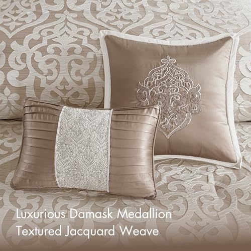 Image of Madison Park Odette Cozy Comforter Set Jacquard Damask Medallion Design - Modern All Season, Down Alternative Bedding, Shams, Decorative Pillows, Queen(90 in x 90 in), Tan 8 Piece