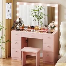 VOWNER Vanity with Lighted Mirror - Glass Top Makeup Vanity Desk with 7 Drawers and Power Outlet, 3 Color Lighting Modes Adjustable Brightness, 44" Vanity Table with Stool for Women Girls, Pink