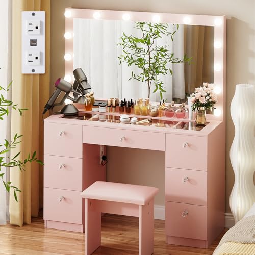 VOWNER Vanity with Lighted Mirror - Glass Top Makeup Vanity Desk with 7 Drawers and Power Outlet, 3 Color Lighting Modes Adjustable Brightness, 44" Vanity Table with Stool for Women Girls, Pink