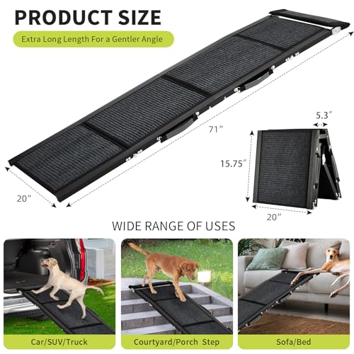 Upgraded Heavy Duty Dog Ramp for Cars - 71" Long & 20" Wide Folding Pet Ramp for Large Dogs with Non-Slip Surface Portable Dog Car Ramp for SUV Car & Truck, Outdoor Dog Ramp Up to 270 LBS