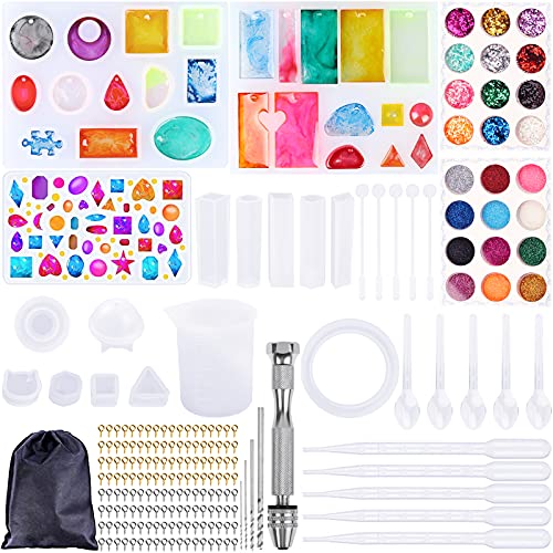  Amzeeniu 156 PCS Molde Silicona Resina,Epoxi Mold con Herramientas Conjunto Manualidades Resina Moldes para hacer Artesanías de joyería DIY Set Reutilizable Fundición,con Bolsa Almacenamiento 