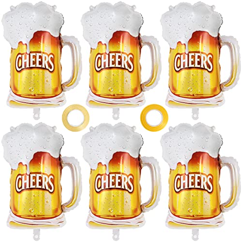 Image of Beer Mug Cheers Balloons, 28 Inch Large Beer Cup Foil Balloons, 6 Pcs Beer Mylar Helium Balloons for Birthday Bachelorate Beer Themed Party Decoration