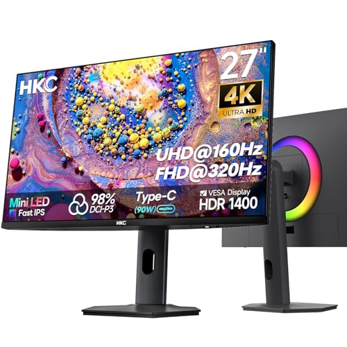 HKC 27 Pouces 4K Écran PC Gamer UHD 160Hz / FHD 320Hz, Mini LED, Dalle IPS, HDR1400, 98% DCI-P3, 1ms, 2× HDMI 2.1, DisplayPort 1.4,Type-C 90W USB 3.0, Réglable en Hauteur, VESA 100x100, G27M7Pro