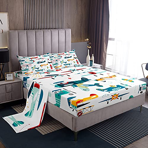 Feelyou Twin Sheets Aircraft Sheet Set for Boys, Kids Cartoon Helicopter Airplane Bedding Set, Children Toddler Soft and Cozy Cute Flying Plane Bed Sheets Kawaii Room Decor Colorful Bed Set