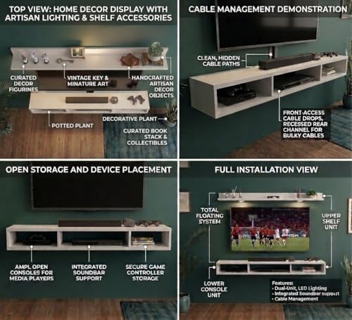 Image of Bros Moon Wall Mounted TV Cabinet, Frosty White, Modern Style, Laminated Finish, for Living Room, Suits TV up to 42 Inches (Frosty White, Parallel Rooftop, 32 Inches with Light)
