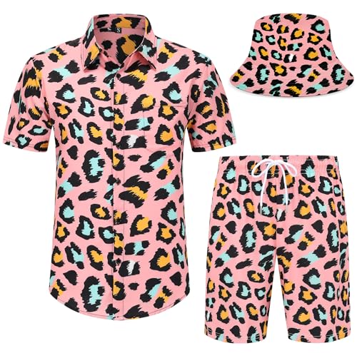 Spanoous Men's 2 Piece Tracksuits Rave Outfit Pink Leopard Print Shirt and Shorts Set with Bucket Hats 02-L