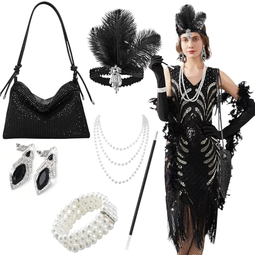 GOTRUST 20er Jahre Accessoires Damen, 6pcs Schwarz Great Gatsby Zubehör Set, Flapper Handtasche, 1920er Charleston Kostüm Kit für Karneval...