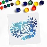 MAYJOYDIY Camera Stencils for Painting Floral Camera Stencil 11.8×11.8 Inch Plastic Stencil Template for Painting on Wood Wall Card DIY Drawing Painting Craft Project
