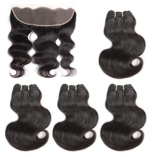 FU SHEN Short Body Wave Brazilian Virgin Hair Bundles with Frontal, Double Weft 8A Grade 4 Bundles with Ear to Ear 13×4 Free Part Lace Frontal, 100% Human Hair Lace Frontal with Baby Hair(8 8 8 8+8F)