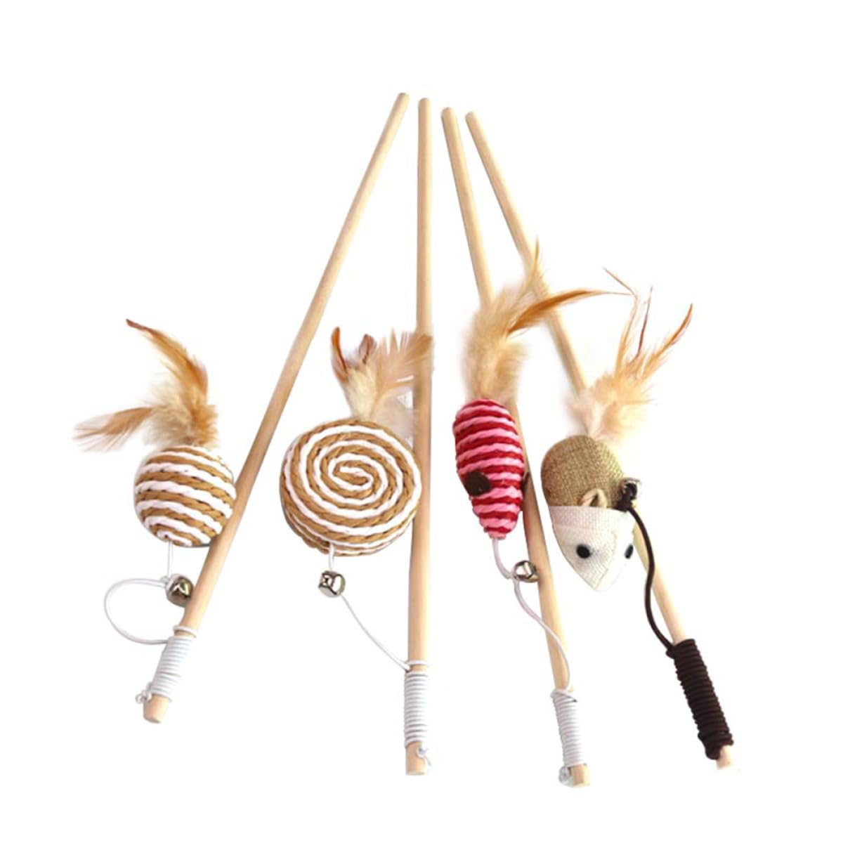 Varitas de madera para gatos con plumas y campanas que activan el instinto de caza pack de 4