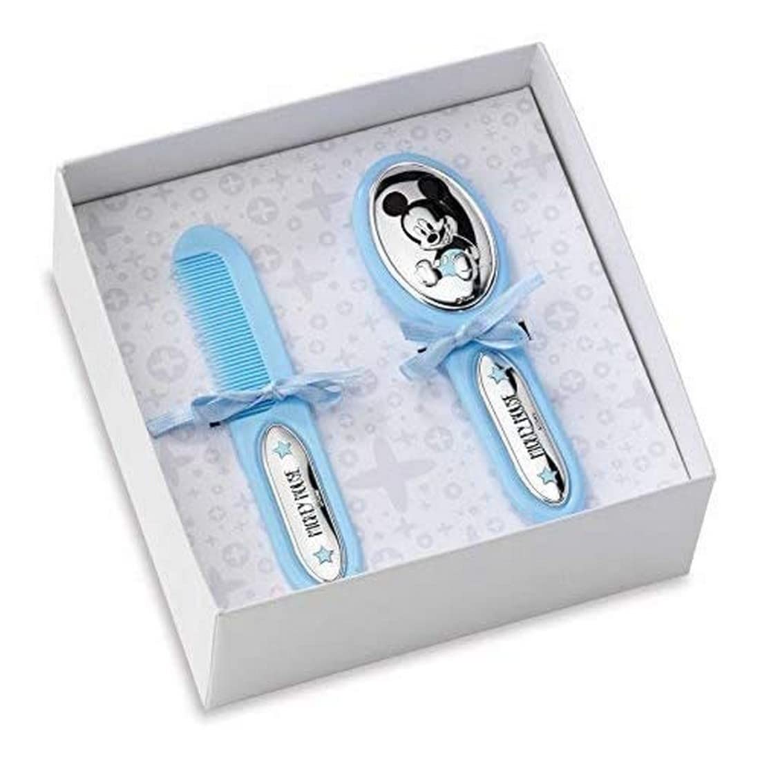 VALENTI & CO. Disney Baby Prima Infanzia - Set Box Regalo Con Spazzola Capelli E Pettine Indispensabile Tra Gli Accessori Neonato Con Finiture Topolino Mickey Mouse In Argento, Celeste, One size