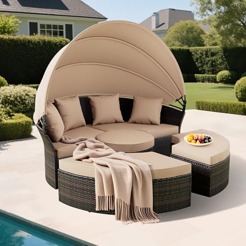 SUNCROWN Outdoor Patio Round Daybed with Retractable Canopy, Wicker Sofa Furniture Clamshell Sectional Seating with Cushions,Backyard, Porch, Brown