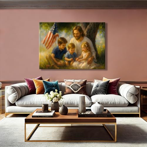 Image of RIBNTAK Made in USA Patriotic Christian Wall Art, Jesus with Kids and US Flag Canvas Print, Inspirational Religious Home Decor for 4th of July, Memorial Day, and Christian Family Gifts