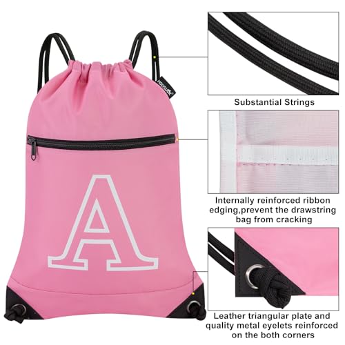 Image of HOLYLUCK Drawstring Bags Initial Backpack Sackpack Cinch Bags for Sports, Gym, Travel, Beach (Pink-A)