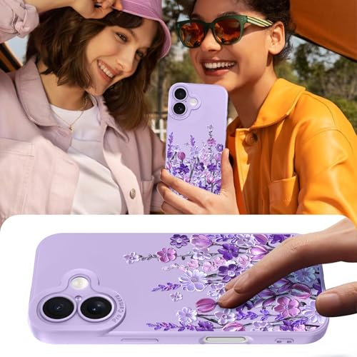 Image of Designed for iPhone 17 Case Floral for Women Girls, Purple | Cute Oil Painting Flower Pattern Liquid Silicone Phone Case [Full Camera Protection] Slim Soft TPU Protective Cover